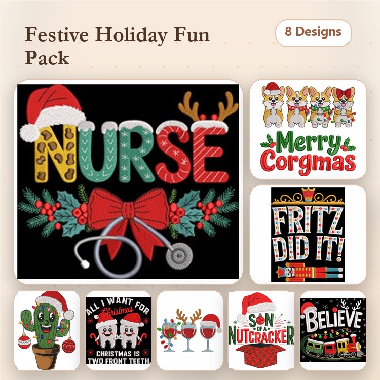 Festive Holiday Themes Embroidery Designs Bundle – Nurse Christmas, Merry Corgmas, Nutcracker & More (8 Designs)