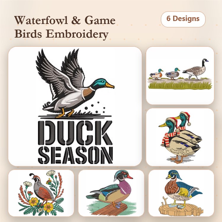 Waterfowl and Game Birds Embroidery Bundle – Flying Mallard Duck, Group of Geese, Sitting Wood Duck & More (6 Designs)