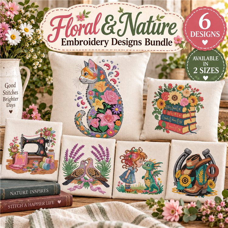 Floral and Nature Embroidery Designs Bundle – Floral Cat, Love Birds, Lavender Bouquet & More (6 Designs)