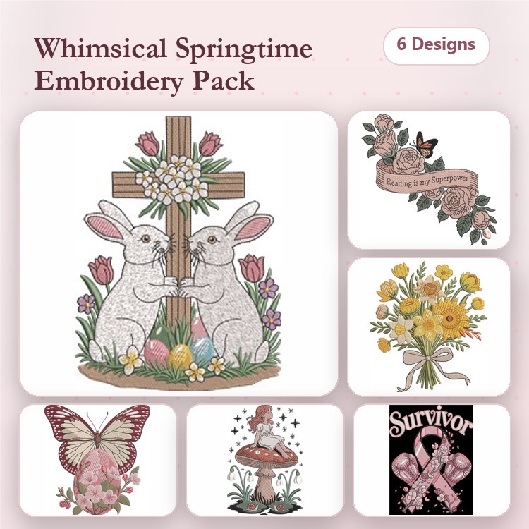 Springtime Bunny & Floral Embroidery Designs Bundle – Bunnies and Cross, Butterfly, Floral Arrangement & More (6 Designs)