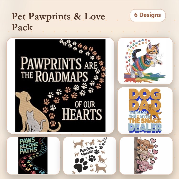 Pet Quotes & Silhouettes Embroidery Bundle – Pawprints, Dog Dad, Cat with Rainbow Colors & More (6 Designs)