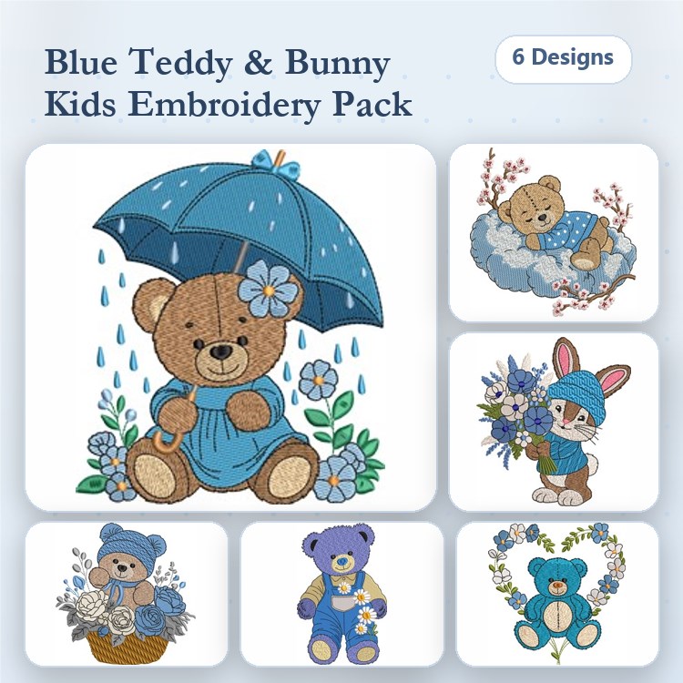 Teddy Bears & Bunnies Embroidery Designs Bundle – Teddy Bear with Umbrella, Blue Bunny with Flowers & More (6 Designs)