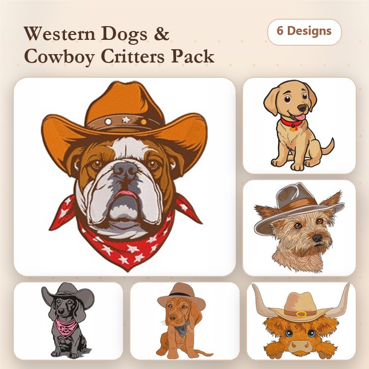 Dog & Highland Cow Embroidery Bundle – Cowboy Themes (12 Designs)