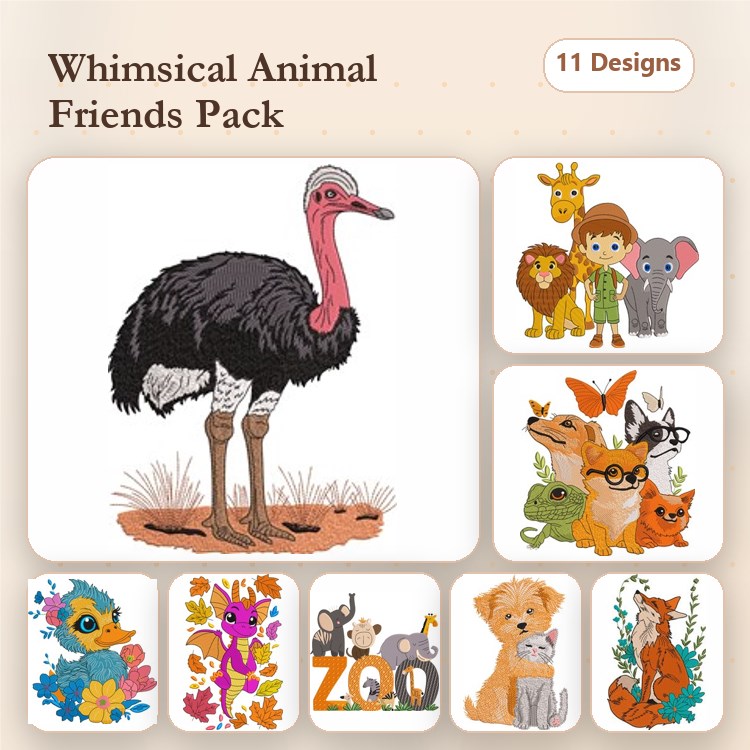 Animal Embroidery Bundle – Cute Wildlife & Pets (11 Designs)
