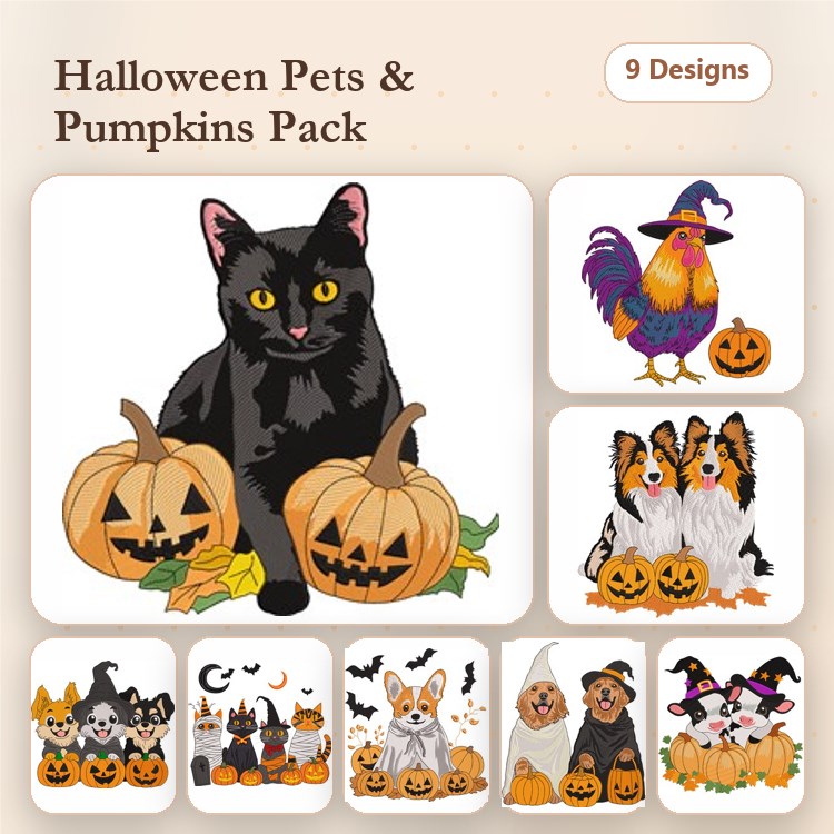 Halloween Animals Embroidery Bundle – Rooster, Cats, Dogs & More (9 Designs)