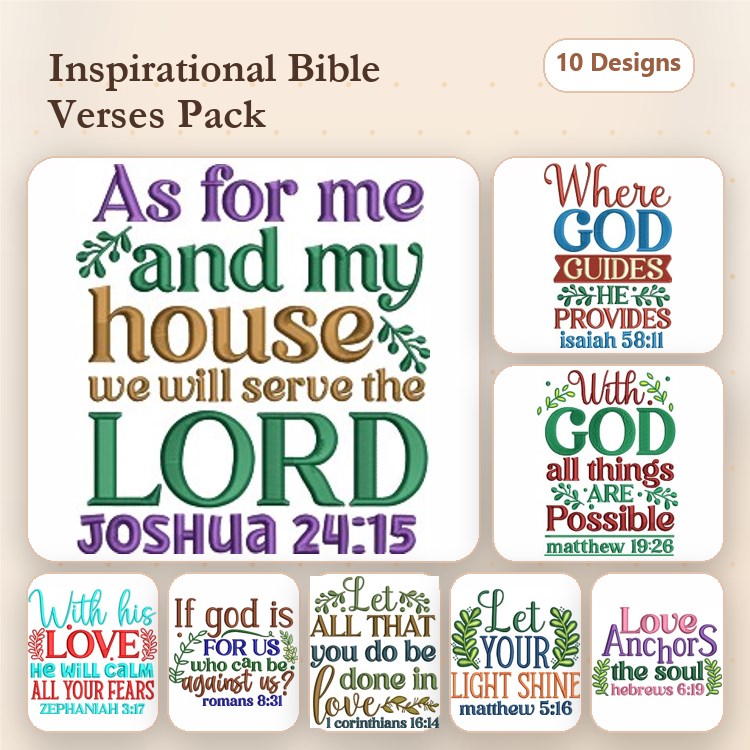 Inspirational Bible Verses Embroidery Designs Bundle – Let Your Light Shine, Trust in the Lord, & More (10 Designs)