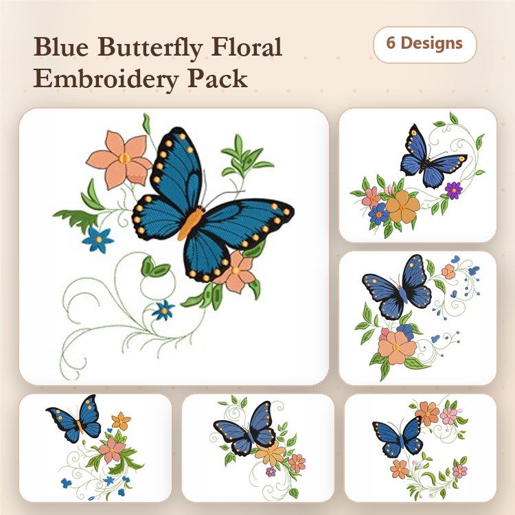 Blue Butterfly Embroidery Designs Bundle – Butterfly with Flowers, Floral Swirls & More (6 Designs)
