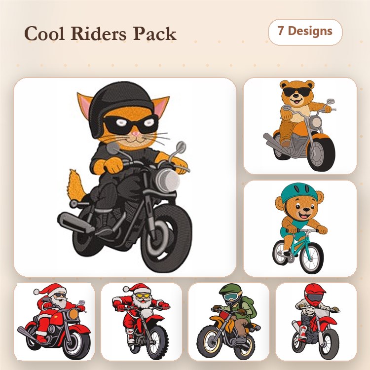 Biker Animals Embroidery Designs Bundle – Cat on Motorcycle, Bear on Bicycle, Santa, Elf & More (7 Designs)