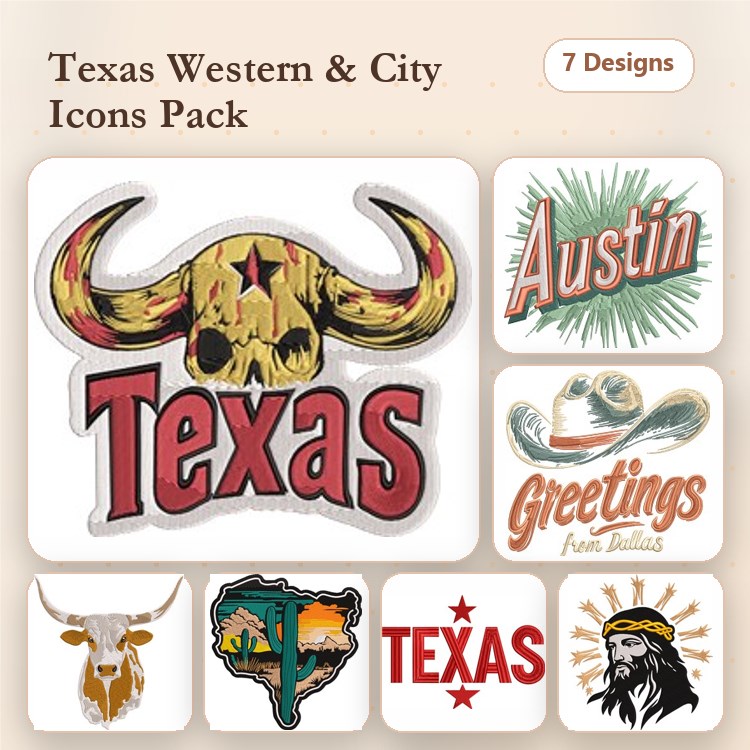 Texas Western & City Icons Embroidery Designs Bundle – Longhorn Skull, Cowboy Hat, Austin Text & More (7 Designs)
