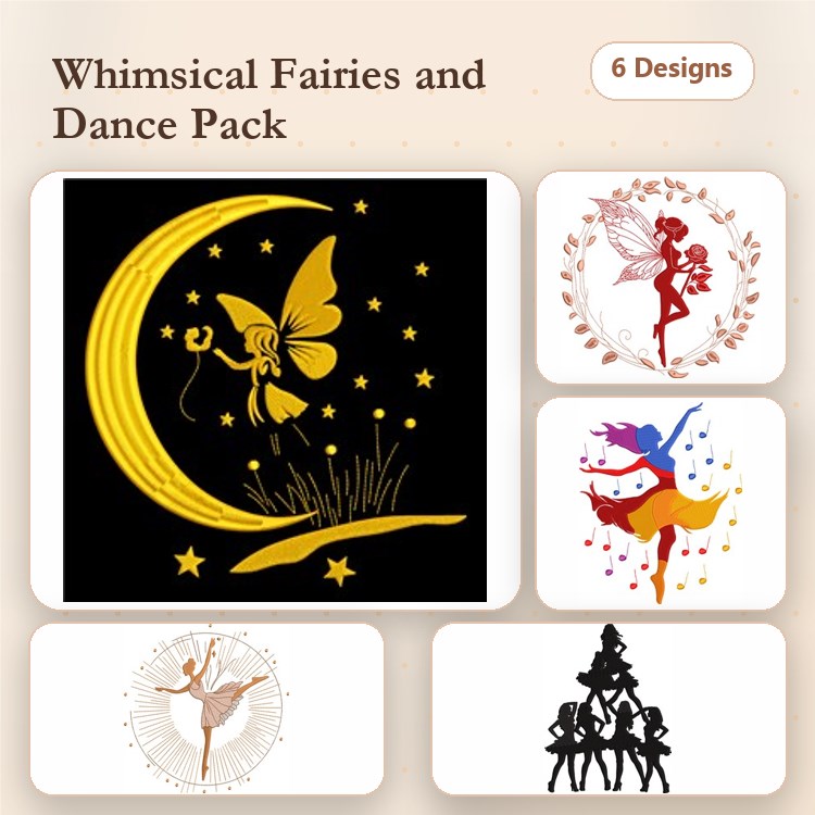 Fairy & Dancer Embroidery Designs Bundle – Fairy on Crescent Moon, Dancing Fairy Silhouette, Ballet Dancer Silhouette & More (6 Designs)