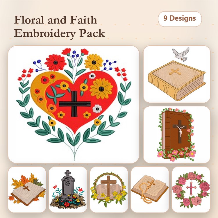 Floral and Faith Embroidery Designs Bundle – Floral Heart with Cross, Bible with Cross, Cross with Flowers & More (9 Designs)