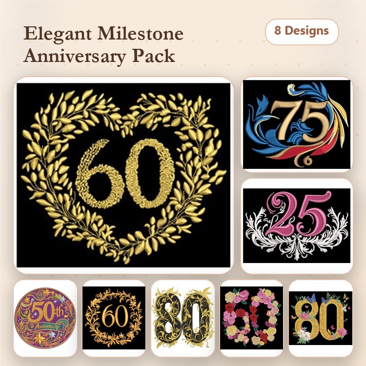 Anniversary Milestone Embroidery Designs Bundle – 25th, 50th, 60th, 75th, 80th & More (8 Designs)