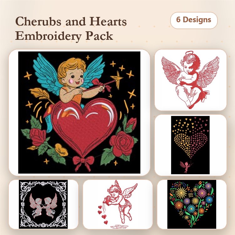 Cherubs & Hearts Embroidery Designs Bundle – Cherub with Heart and Roses, Cherub with Arrow, & More (6 Designs)
