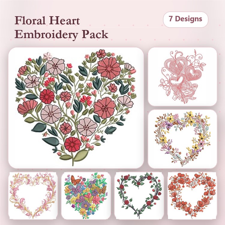 Floral Heart Embroidery Bundle – Floral Heart with Roses, Ornate Heart with Floral Design, Floral Wreath Heart & More (7 Designs)