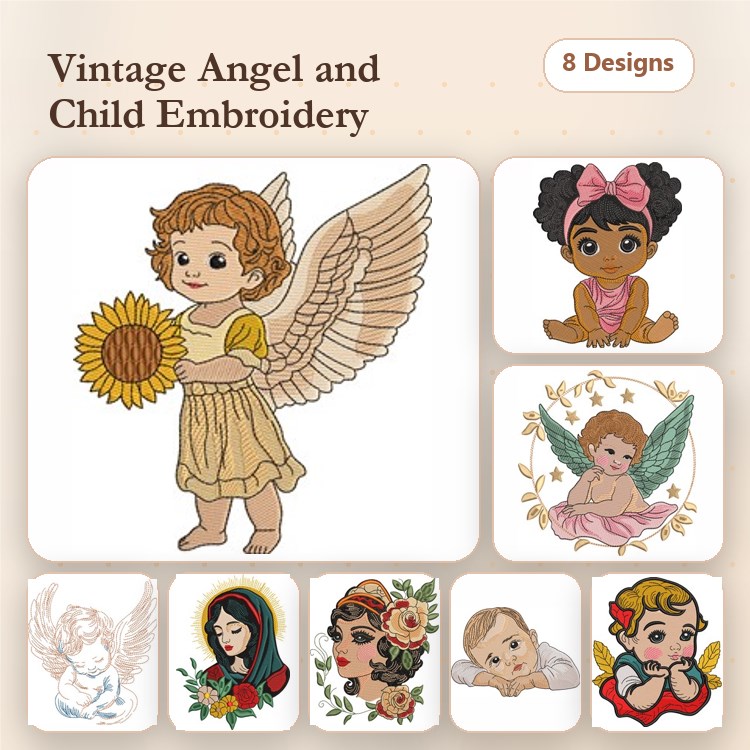 Vintage Angel and Child Embroidery Bundle – Angel with Sunflower, Black Girl with Bow, Vintage Angel with Wings & More (8 Designs)