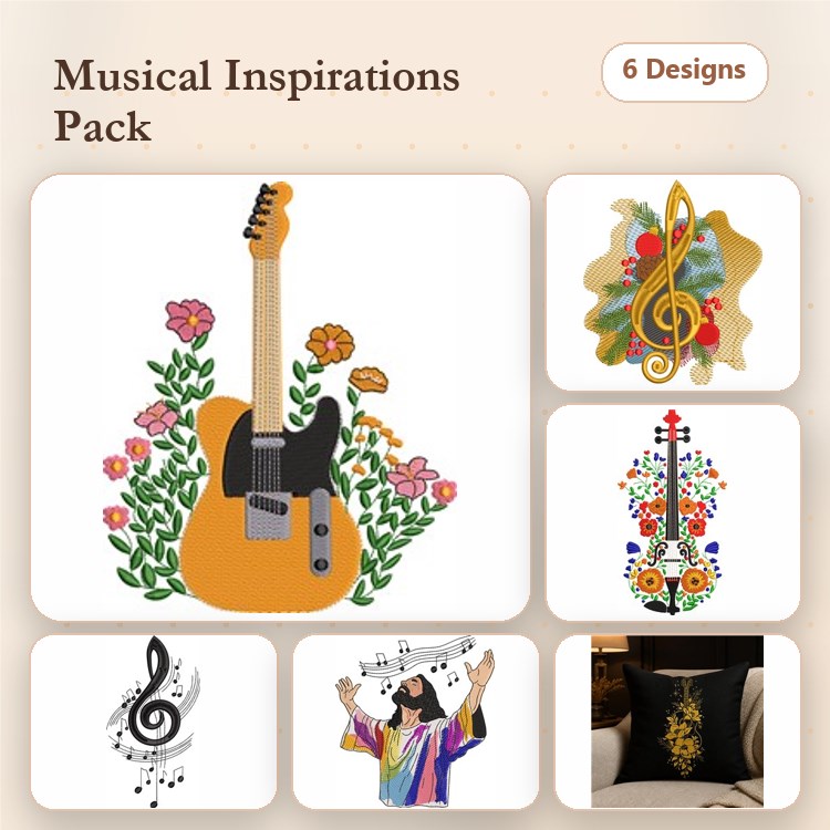 Musical Instruments & Notes Embroidery Bundle – Electric Guitar with Flowers, Colorful Musical Notes, Singer with Music Notes & More (6 Designs)