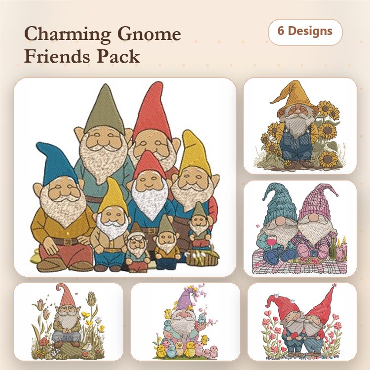 Charming Gnome Characters Embroidery Designs Bundle – Gnome Family Photo, Gnome with Sunflowers, & More (6 Designs)