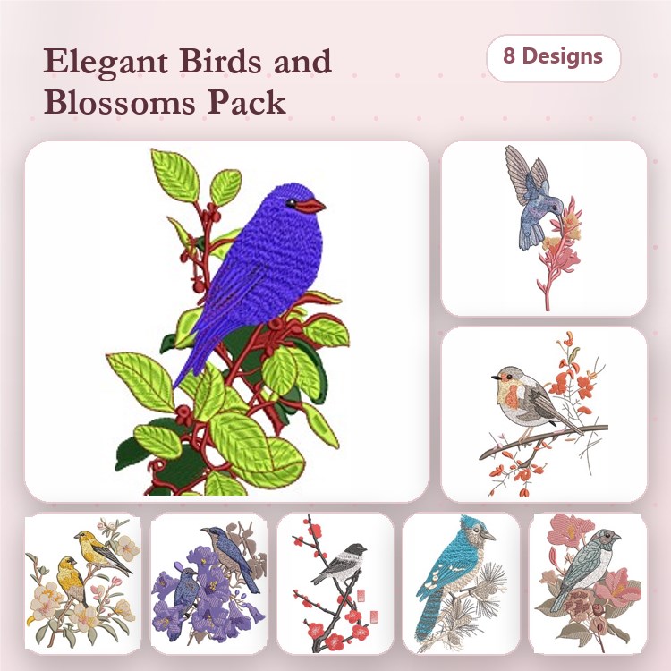 Birds & Blossoms Embroidery Bundle – Purple Bird, Blue Bird, Songbird & More (8 Designs)