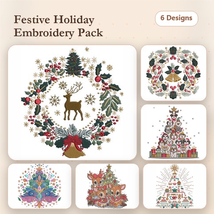 Christmas Tree & Reindeer Wreath Embroidery Bundle – Holiday Cheer (6 Designs)
