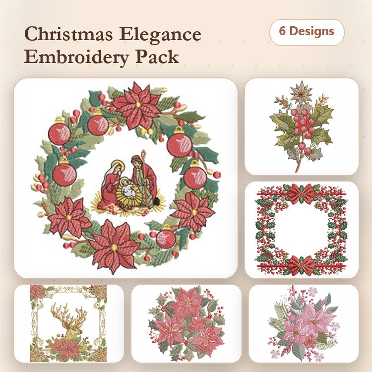 Christmas Floral Embroidery Bundle – Wreath with Cardinal, Poinsettia Bouquet, Holly & More (6 Designs)