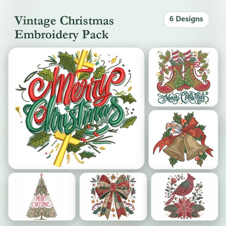 Vintage Christmas Decor Embroidery Designs Bundle – Merry Christmas Typography, Christmas Tree, Christmas Bells & More (6 Designs)