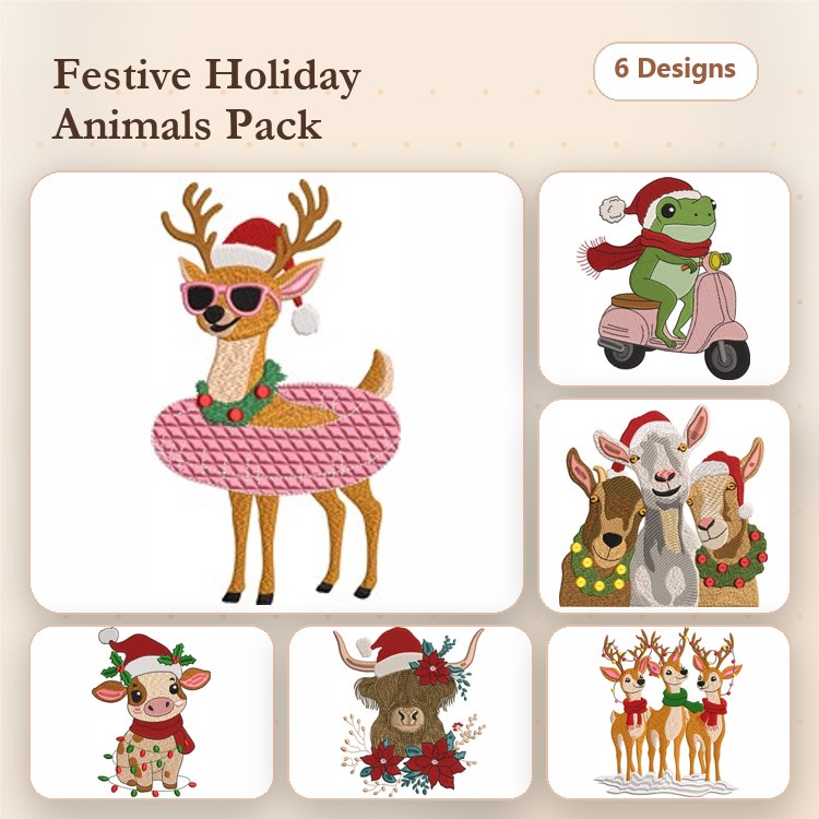 Festive Holiday Animals Embroidery Designs Bundle – Reindeer in Pool Float, Frog on Scooter, Cow in Santa Hat & More (6 Designs)