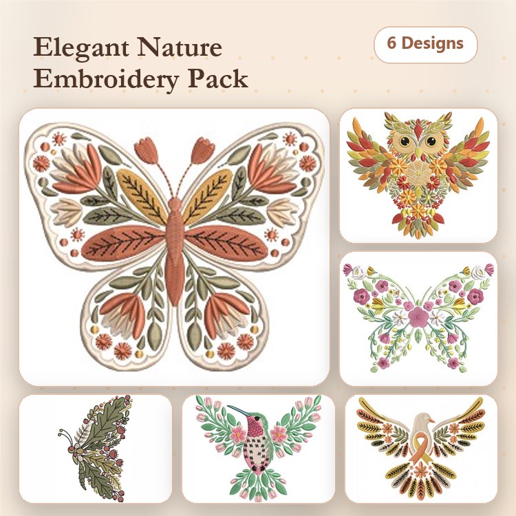 Elegant Nature Embroidery Designs Bundle – Butterfly with Flowers, Colorful Owl, Hummingbird with Flowers & More (6 Designs)