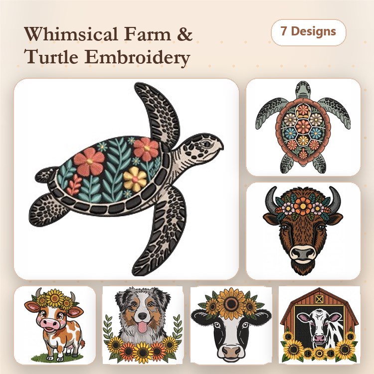 Farm Animal & Turtle Embroidery Designs Bundle – Turtle with Flowers, Cow with Sunflowers, Dog with Floral Crown & More (7 Designs)