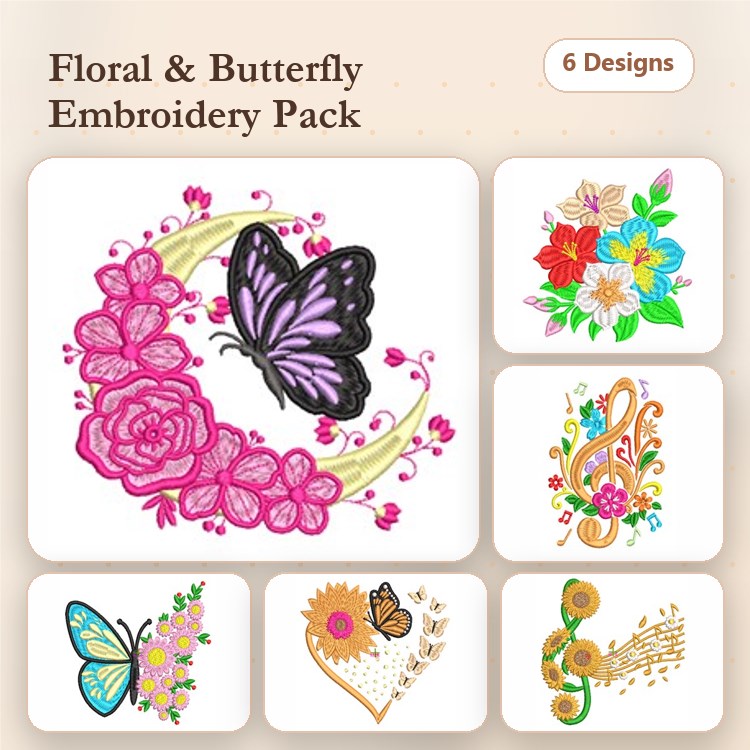Floral & Butterfly Embroidery Designs Bundle – Floral Wreath, Blue Butterfly, Heart with Flowers & More (6 Designs)