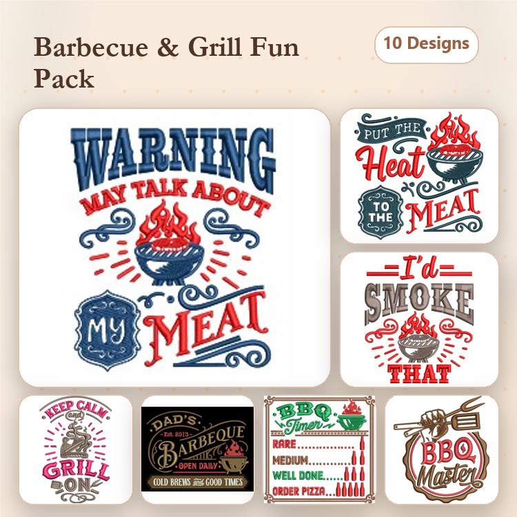 Barbecue and Grill Humor Embroidery Bundle – Warning May Talk About My Meat, Keep Calm and Grill On & More (10 Designs)