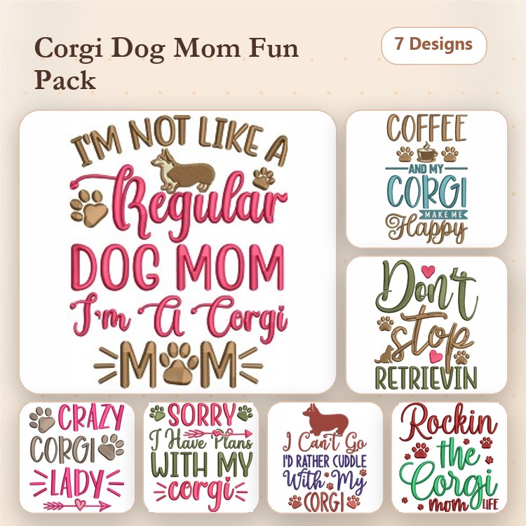 Corgi Mom Embroidery Bundle – Fun and Playful Designs (7 Designs)
