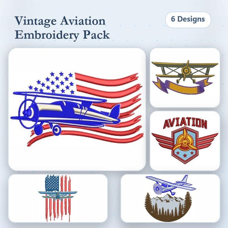 Vintage Aviation Embroidery Designs Bundle – Biplane with American Flag, Aviation Emblem, Propeller Plane with Mountains & More (6 Designs)