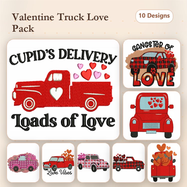 Valentine's Day Truck Embroidery Designs Bundle – Cupid's Delivery, Loads of Love, Gangster of Love & More (10 Designs)