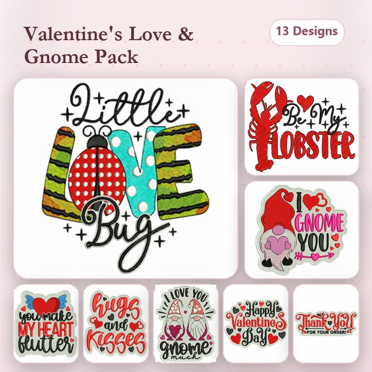 Gnome Valentine's Day Embroidery Designs Bundle – Little Love Bug, I Gnome You, Hugs and Kisses & More (13 Designs)
