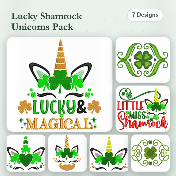 Lucky Shamrock Unicorns Embroidery Designs Bundle – Lucky & Magical Unicorn, Shamrock with Unicorn Horn, Decorative Shamrock & More (7 Designs)