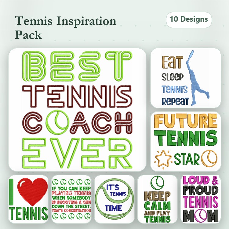 Tennis Phrases Embroidery Bundle – Best Coach, Future Star, Loud & Proud Mom & More (10 Designs)