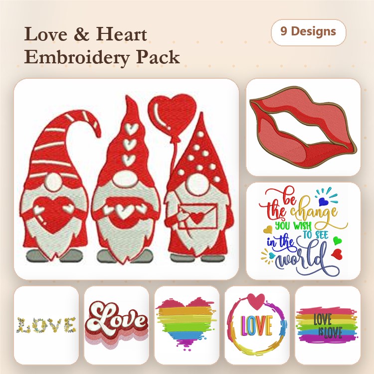 Gnome & Heart Embroidery Designs Bundle – Gnome with Heart, Red Lips, Colorful Love Text & More (9 Designs)