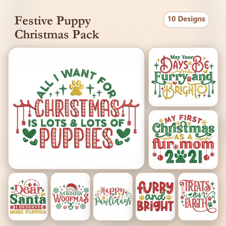 Christmas Puppies & Merry Woofmas Embroidery Bundle – Holiday Designs (10 Designs)