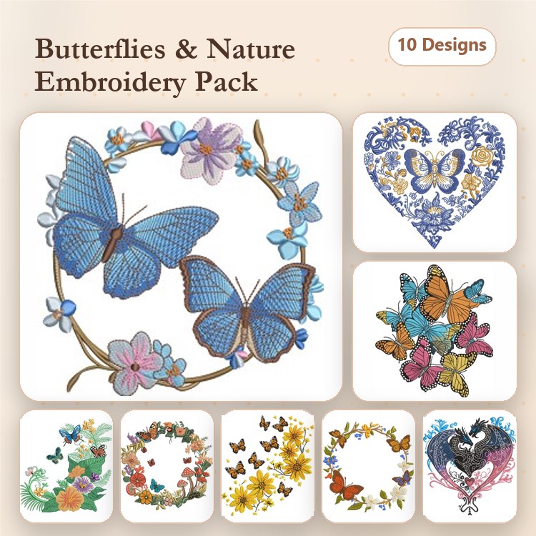Butterflies & Flowers Embroidery Designs Bundle – Butterfly Wreath, Blue Butterfly with Flowers, Heart with Butterflies & More (10 Designs)