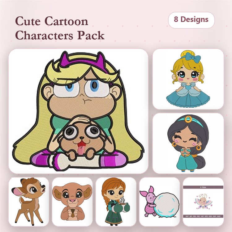 Cute Cartoon Characters Embroidery Bundle – Fun Designs (8 Designs)