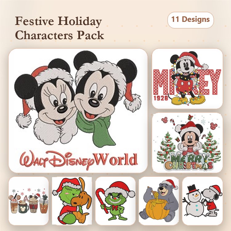 Mickey & Minnie Mouse Holiday Embroidery Bundle – Festive Characters (11 Designs)