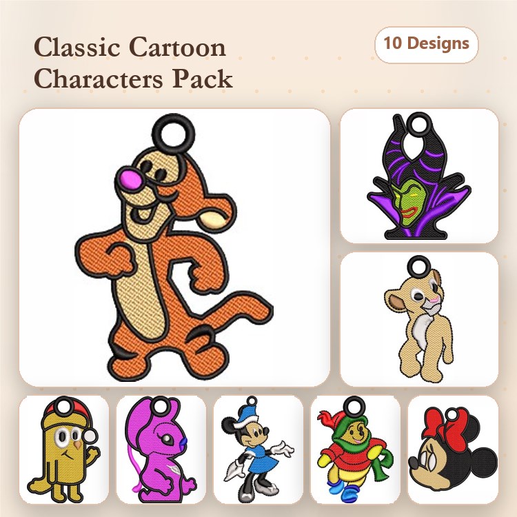 Key Fob Embroidery Bundle – Tigger, Maleficent, Simba, Snoopy & More (10 Designs)
