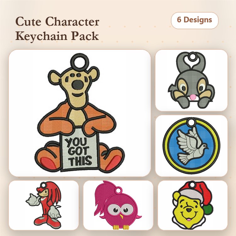 Key Fob Cute Character Embroidery Designs Bundle – Bear, Chipmunk, Dove & More (6 Designs)