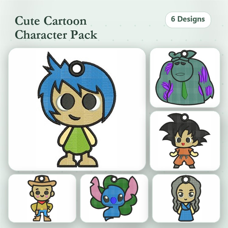 Key Fob Cute Cartoon Characters Embroidery Bundle – Blue Haired, Green Blob, Spiky Haired Boy & More (6 Designs)