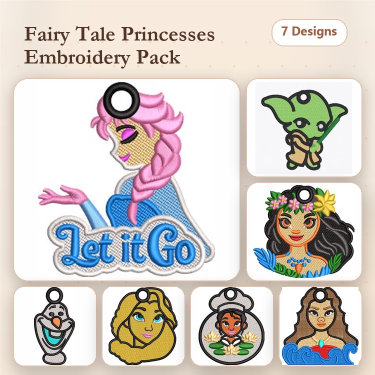 Fairy Tale Princesses Embroidery Designs Bundle – Elsa, Moana, Cinderella, Belle & More (7 Designs)