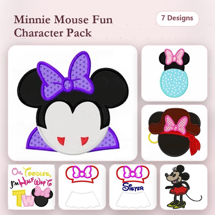 Applique Minnie Mouse Characters Embroidery Bundle – Head with Bow, Sister, Birthday & More (7 Designs)