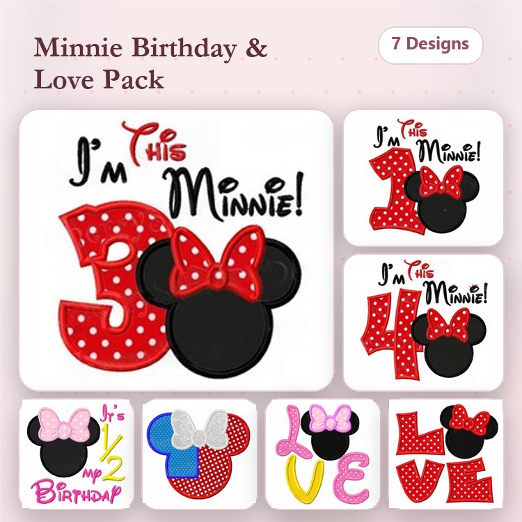 Applique Minnie Mouse Birthday Embroidery Bundle – Minnie Birthday Numbers, I'm This Minnie, Love Text & More (7 Designs)