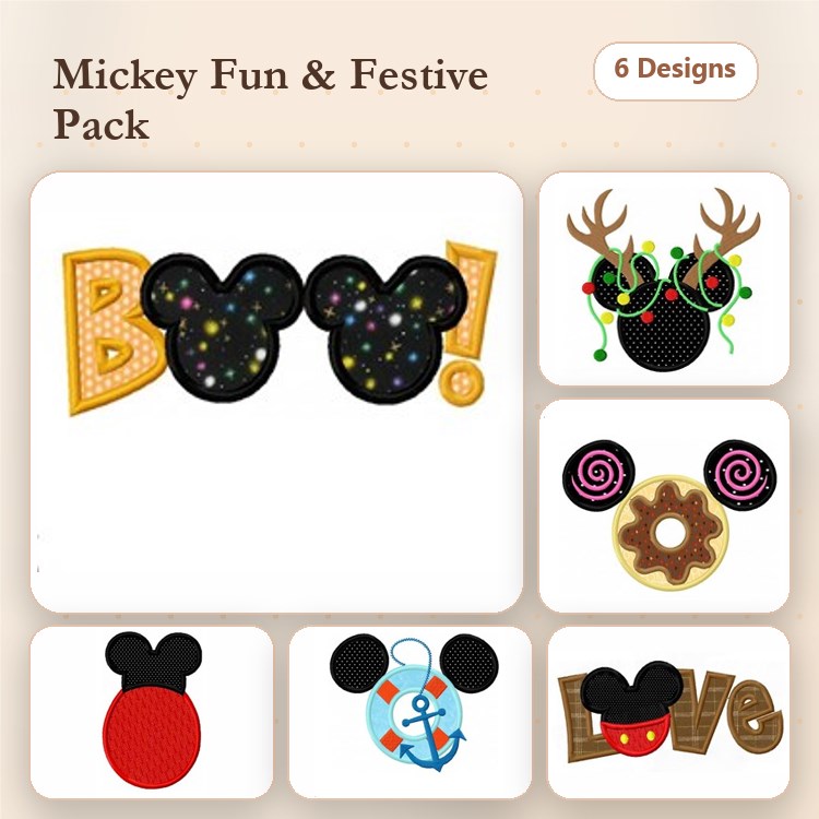 Applique Mickey-themed Festive Embroidery Bundle – Boo Mickey Head, Mickey Head with Antlers, Spiral Mickey Donut & More (6 Designs)