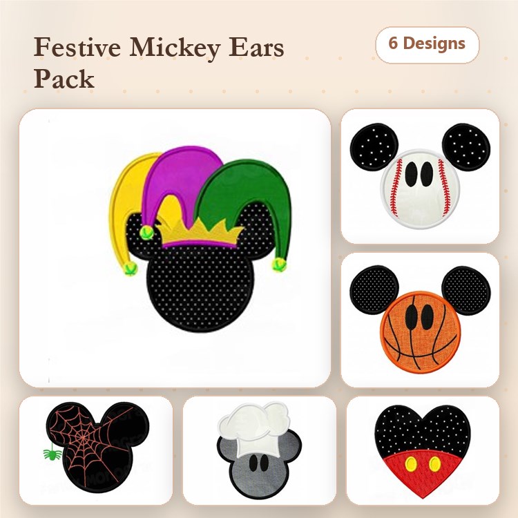Applique Mickey Mouse Ears Embroidery Bundle – Jester Hat, Spiderweb, Chef Hat & More (6 Designs)