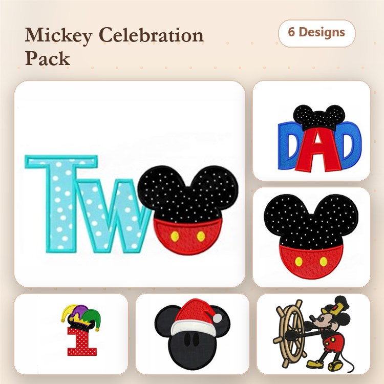 Applique Mickey Mouse Embroidery Bundle – Mickey Ears, Mickey Number One, Captain Steer & More (6 Designs)